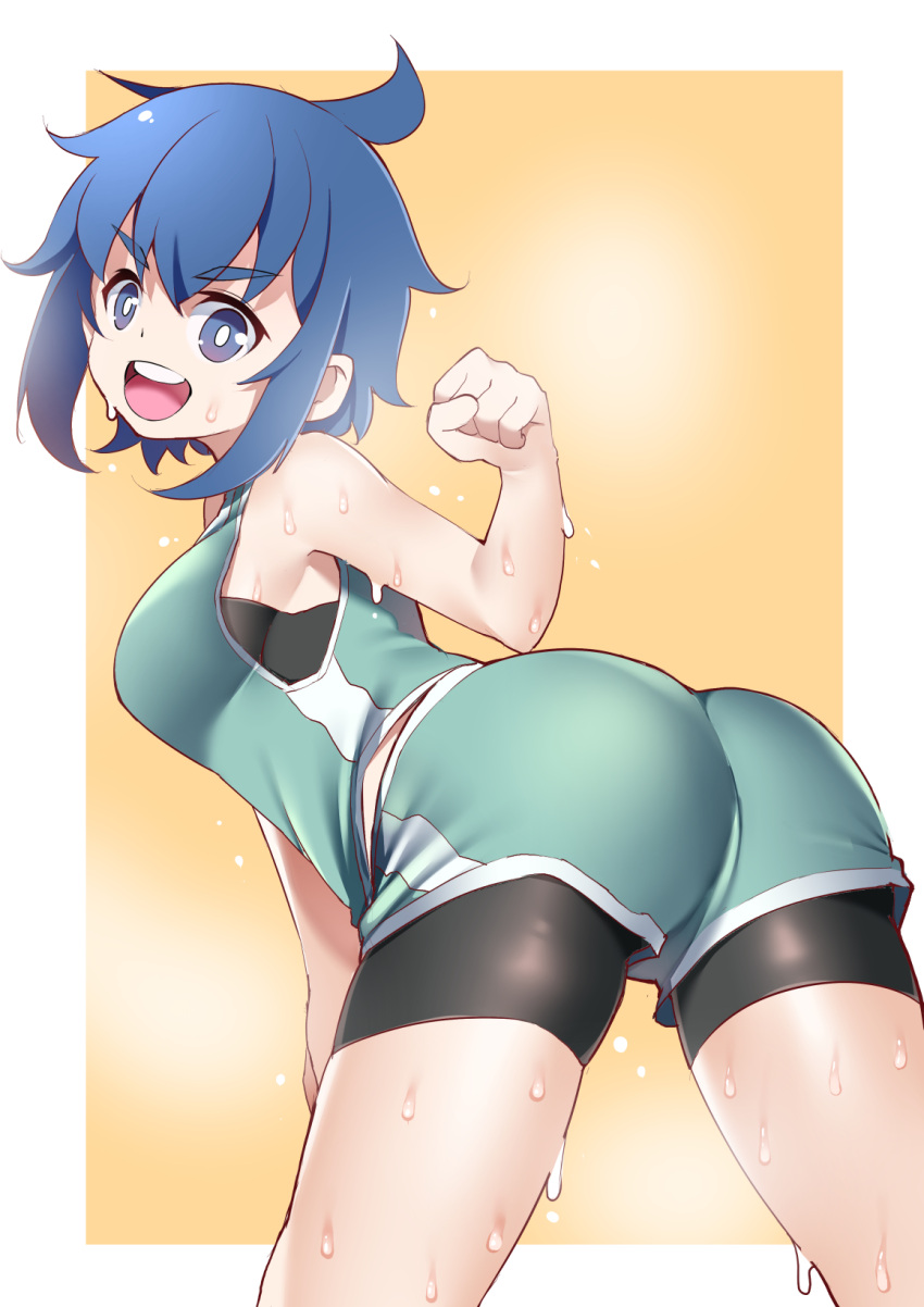 1girl, :d, ass, bangs, bike_shorts, bike_shorts_under_shorts, blue_eyes, blue_hair