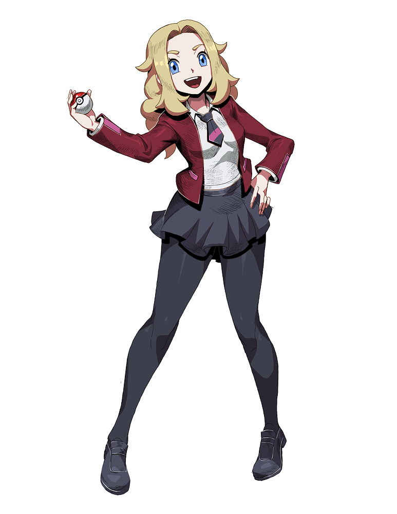 1girl, black_legwear, blonde_hair, blue_eyes, breasts, commentary, english_commentary, eyebrows, fingernails, genzoman, jacket, legs, long_hair, open_mouth, pantyhose, pigeon-toed, poke_ball, pokemon, pokemon_(game), pokemon_swsh, round_teeth, school_uniform, smile, solo, teeth, tongue, unnamed_girl_(pokemon_swsh), upper_teeth