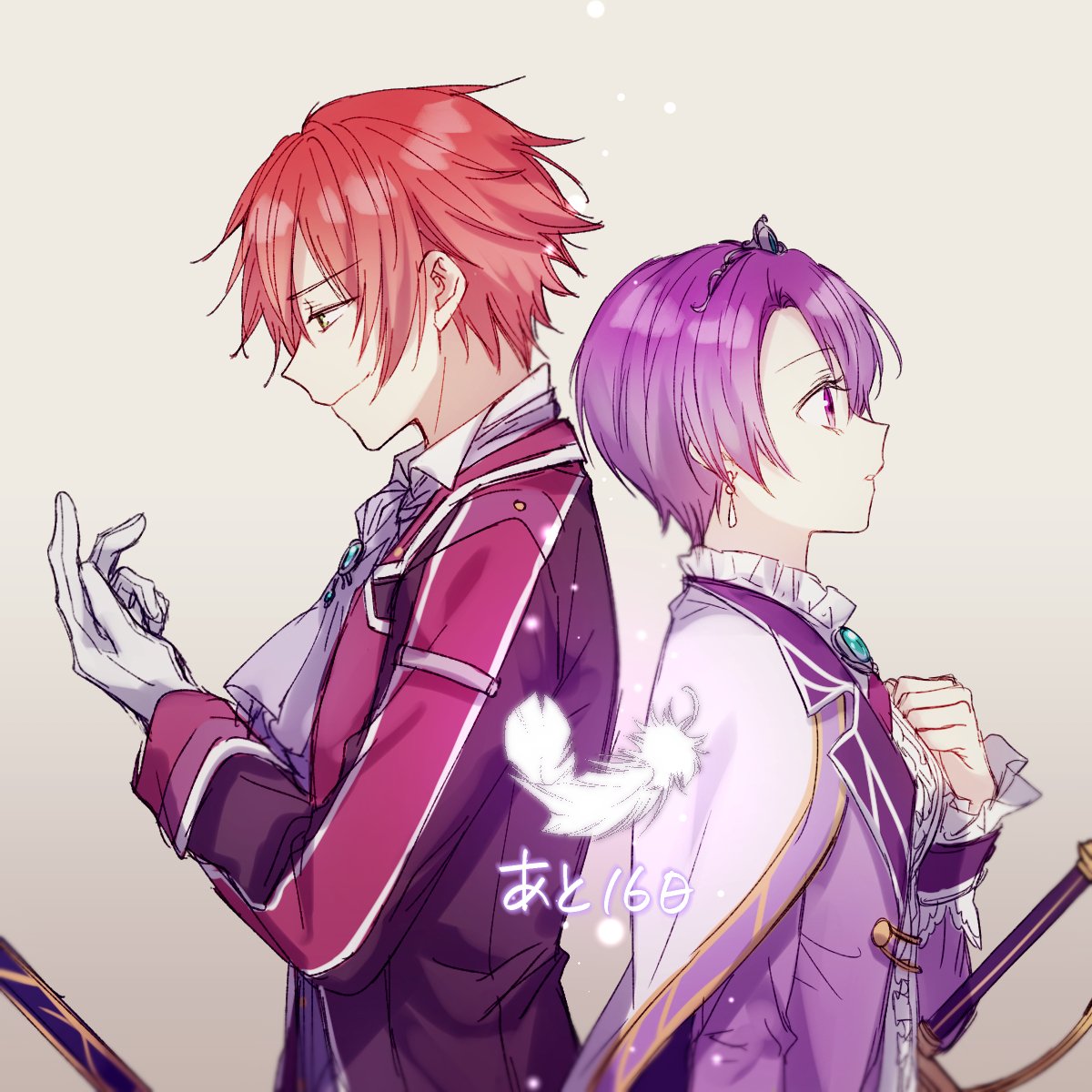 1boy, 1girl, back-to-back, cape, cravat, earrings, eiyuu_densetsu, feathers, gloves, green_eyes, highres, jewelry, klose_rinz, lechter_arundel, long_sleeves, purple_hair, rapier, redhead, sen_no_kiseki, short_hair, soap_(user_kghh4755), sora_no_kiseki, sword, tiara, translated, violet_eyes, weapon, white_gloves