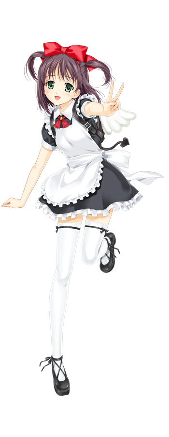 apron, bow, brown_hair, demon_tail, green_eyes, hair_bow, hair_ribbon, hiroishi_rin