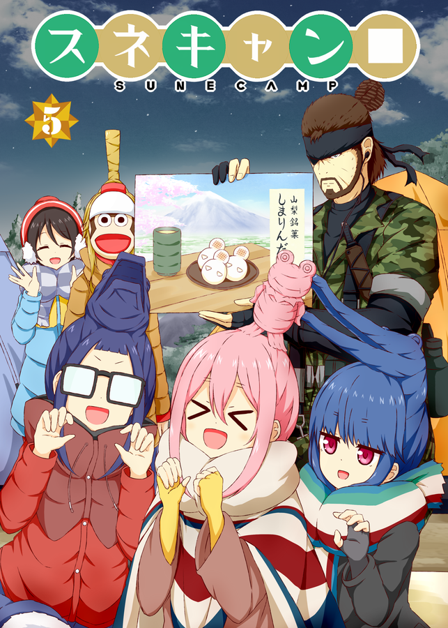 >_<, 1boy, 5girls, alternate_hairstyle, bandana, beard, blonde_hair, blue_hair