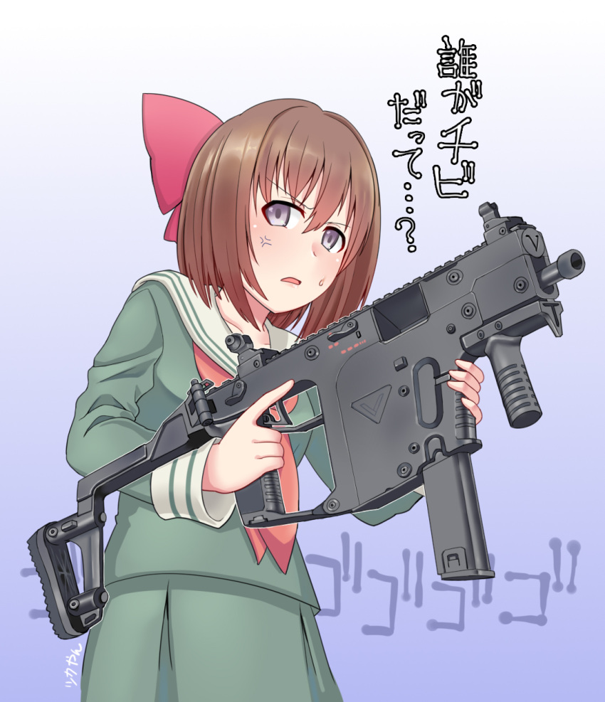 1girl, anger_vein, bob_cut, bow, brown_hair, commentary_request, gradient, gradient_background
