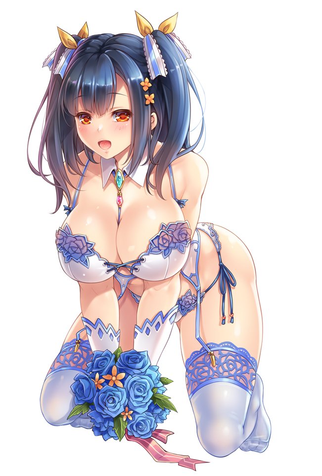 1girl, asymmetrical_bangs, bangs, black_hair, blue_flower, blue_legwear, blue_rose, blush, bouquet, bra, bridal_gauntlets, elmira_(sennen_sensou_aigis), embroidered_bra, embroidered_legwear, embroidered_panties, eyebrows_visible_through_hair, flower, gem, gloves, hair_ornament, hair_ribbon, hairclip, jewelry, kneeling, lace, lace-trimmed_legwear, lace_legwear, long_hair, makirin, necklace, orange_eyes, panties, ribbon, rose, sennen_sensou_aigis, side-tie_panties, solo, thigh-highs, twintails, underwear, wing_collar