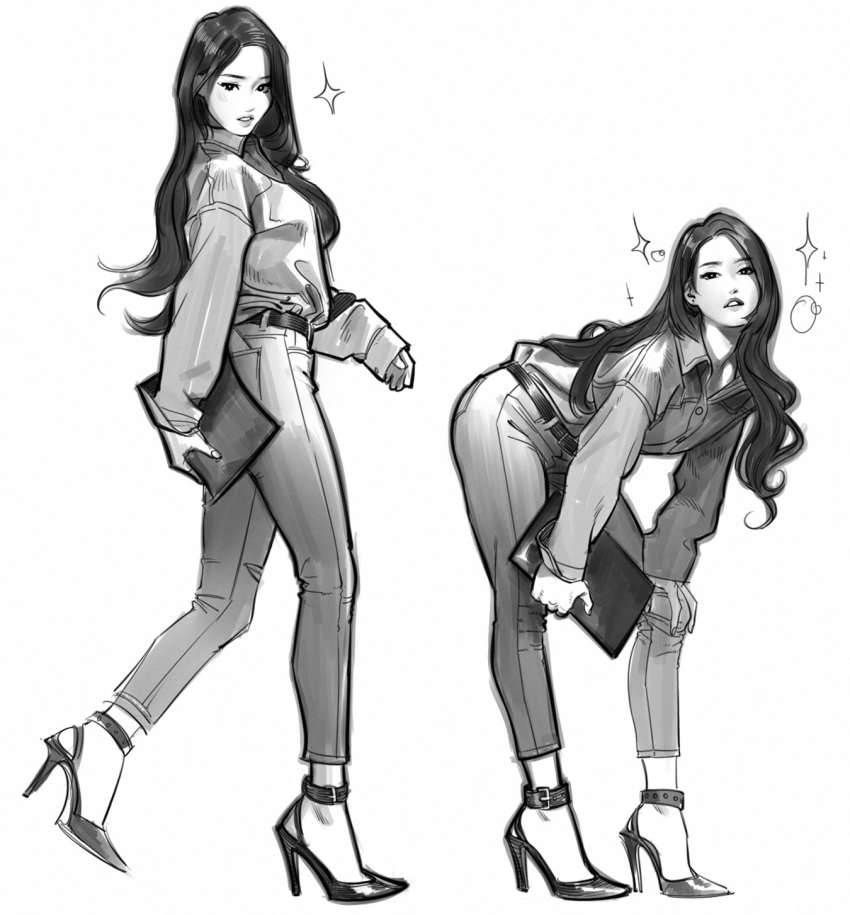 1girl, bent_over, greyscale, high_heels, highres, lee_mi-joo, long_hair, lovelyz, monochrome, multiple_views, real_life, revolmxd, simple_background, walking, white_background
