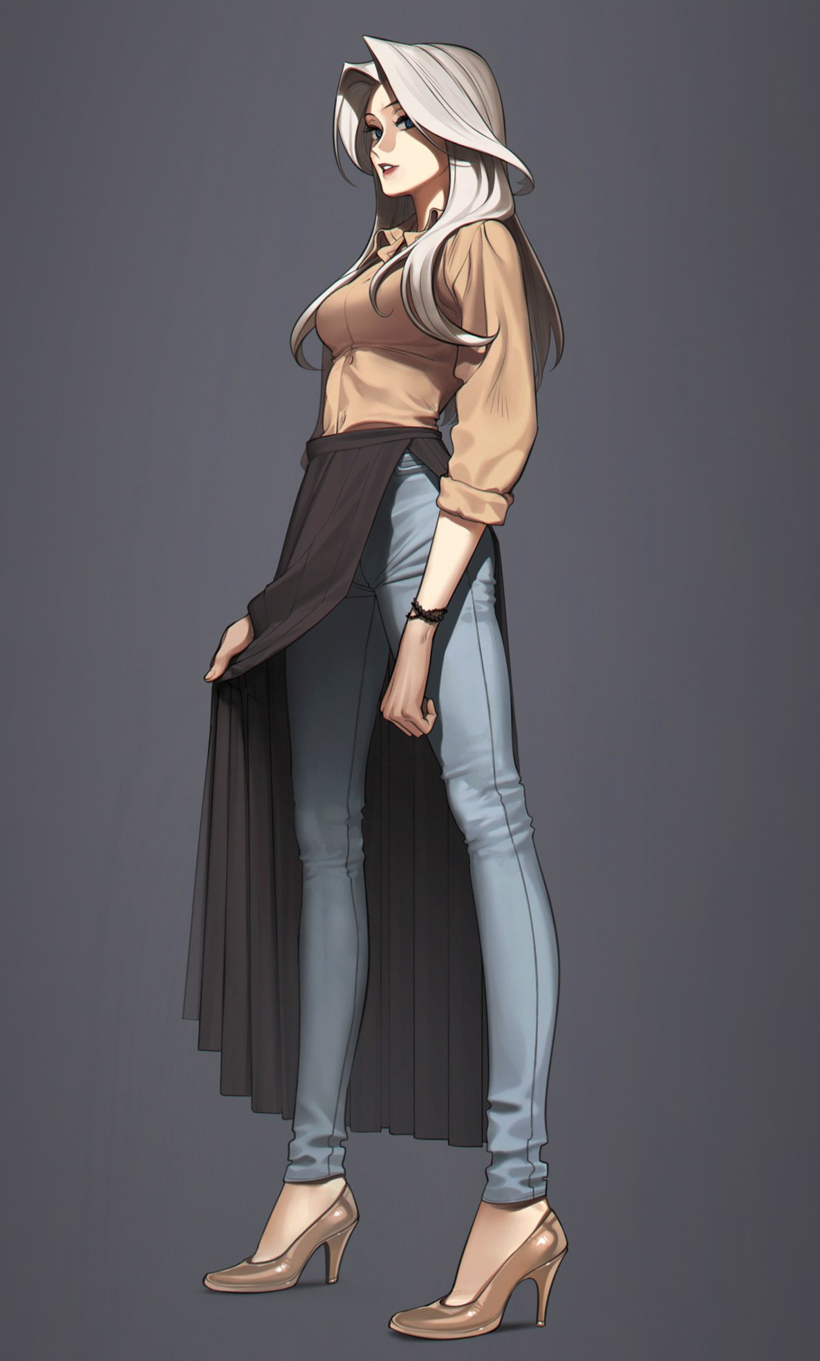 1girl, black_background, black_skirt, blue_eyes, blue_pants, brown_footwear, brown_shirt, collared_shirt, denim, dress_shirt, full_body, grey_hair, high_heels, highres, jeans, lifted_by_self, lipstick, long_hair, long_skirt, long_sleeves, makeup, open_clothes, open_skirt, original, pants, pants_under_skirt, parted_lips, pleated_skirt, red_lipstick, revolmxd, shirt, skirt, skirt_lift, sleeves_folded_up, solo, standing, wristband