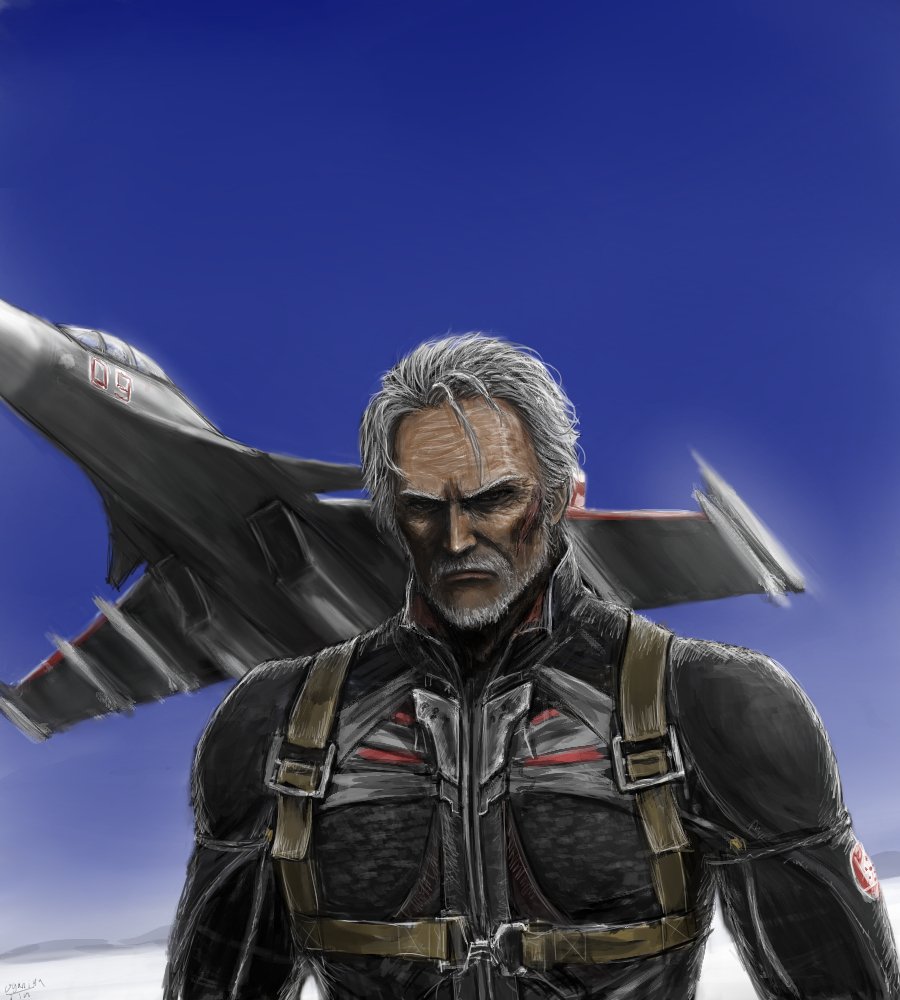 1boy, ace_combat, ace_combat_7, aircraft, airplane, beard, blue_sky, commentary_request, emblem, facial_hair, facial_scar, fighter_jet, jet, looking_at_viewer, mihaly_a_shilage, military, military_vehicle, missile, mustache, ogamiya_jin, old_man, patch, pilot, pilot_suit, scar, silver_hair, sky, strap, su-30