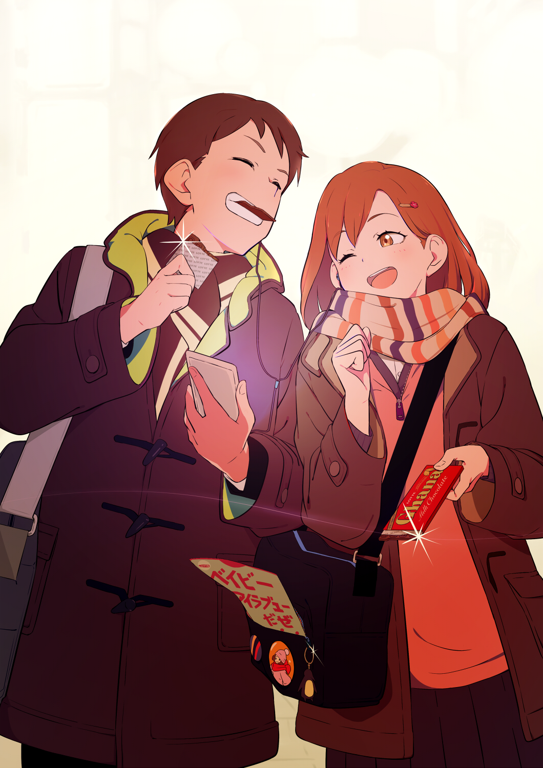 1boy, 1girl, baby_i_love_you_daze, bag, brown_hair, chocolate, closed_eyes, coat, commentary_request, eating, food, ghana_(chocolate), grin, hair_ornament, hairclip, highres, keychain, long_hair, long_sleeves, mouth_hold, one_eye_closed, open_mouth, orange_eyes, partial_commentary, scarf, smile, sohin, translated