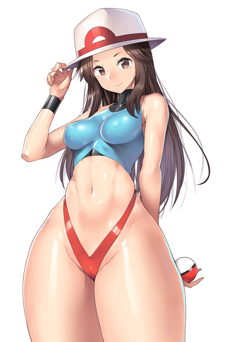 1girl, adapted_costume, ball, blue_(pokemon), breasts, brown_hair, hat, holding