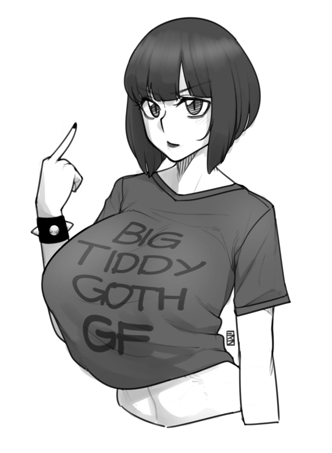 1girl, bangs, black_hair, black_nails, black_shirt, blunt_bangs, bracelet, breasts, cropped_torso, ekz_(drawfag), english_text, eyebrows_visible_through_hair, greyscale, highres, huge_breasts, jewelry, meme, middle_finger, midriff, monochrome, nail_polish, navel, original, print_shirt, shirt, short_hair, short_sleeves, simple_background, solo, spiked_bracelet, spikes, t-shirt, upper_body, white_background