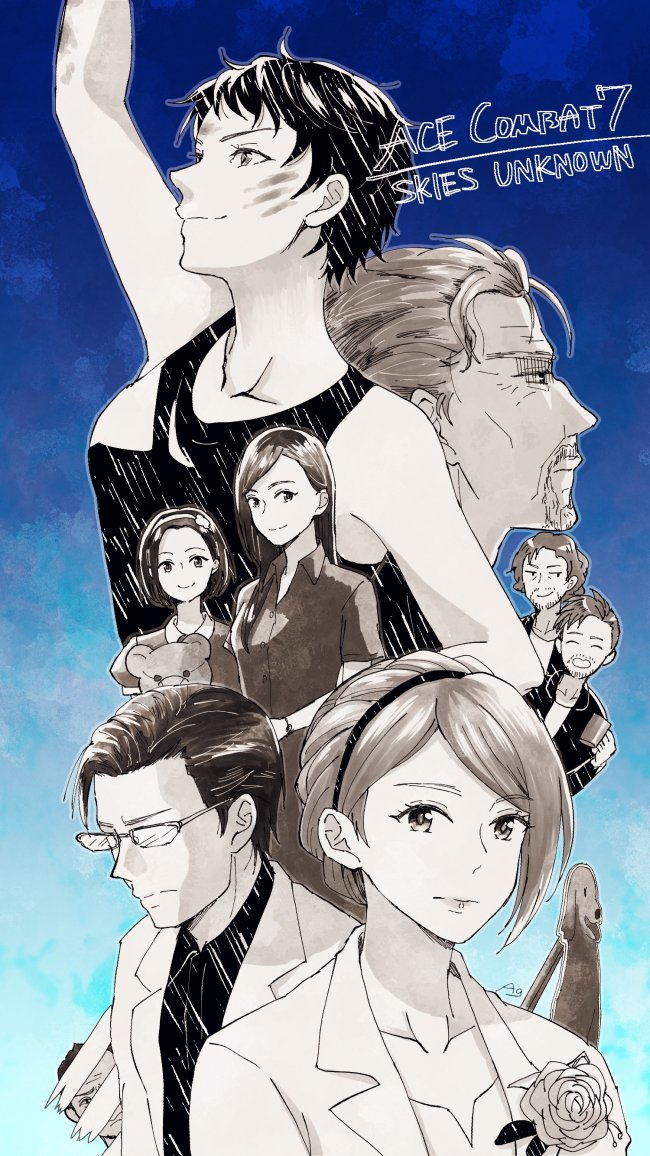 4girls, 5boys, ace_combat, ace_combat_7, alma_a_shilage, arm_up, avril_mead, count_(ace_combat_7)