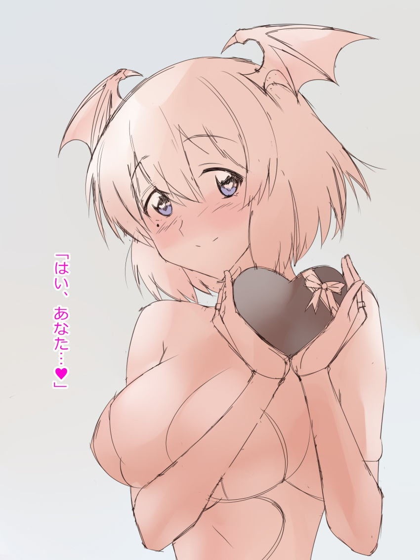 1girl, ariel_(kagemusha), bat_wings, blue_eyes, blush, breasts, commentary, eyebrows_visible_through_hair