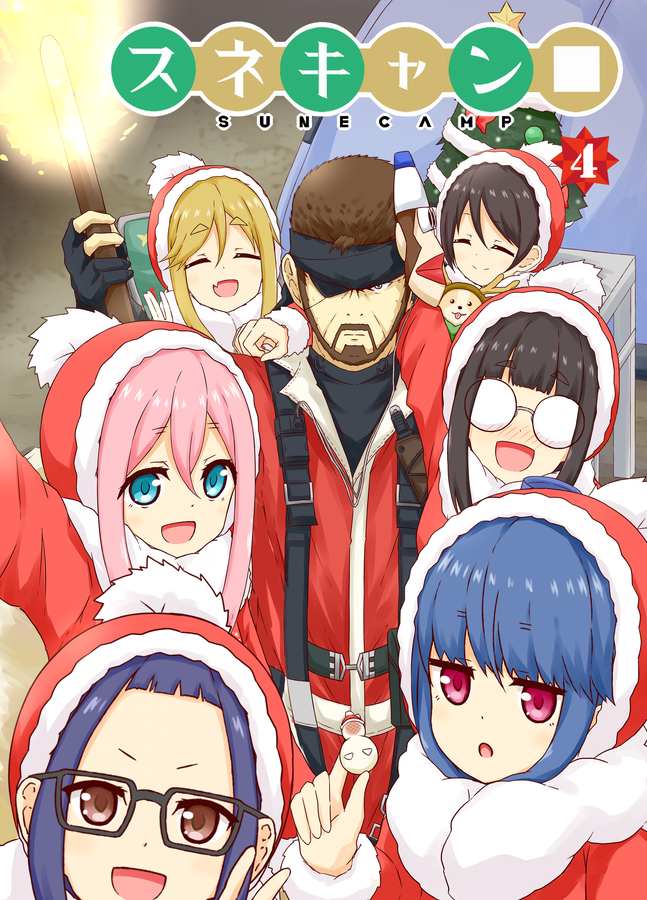 1boy, 6+girls, :d, antlers, bandana, beard, blonde_hair, blue_eyes