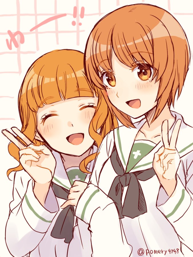 2girls, :d, arm_grab, bangs, black_neckwear, blouse, blunt_bangs, blush