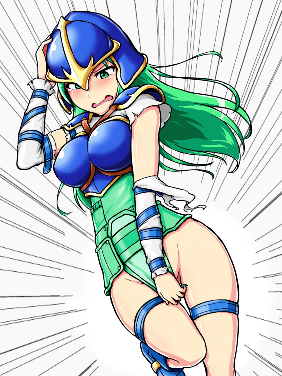 1girl, blush, bottomless, breastplate, commentary_request, covering, covering_crotch, fire_emblem, fire_emblem:_souen_no_kiseki, fire_emblem_heroes, green_eyes, green_hair, hand_on_headwear, helmet, highres, leg_up, long_hair, memetsu_(umvn4442), nephenee, open_mouth, solo, tearing_up, thigh_strap