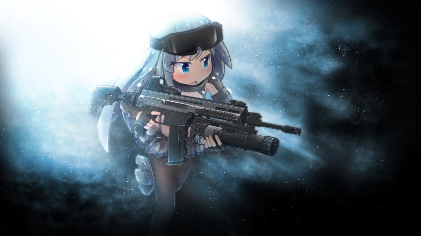 1girl, absurdres, assault_rifle, blue_eyes, chibi, cz-805, cz-805_(girls_frontline), epiphone_(flet06)