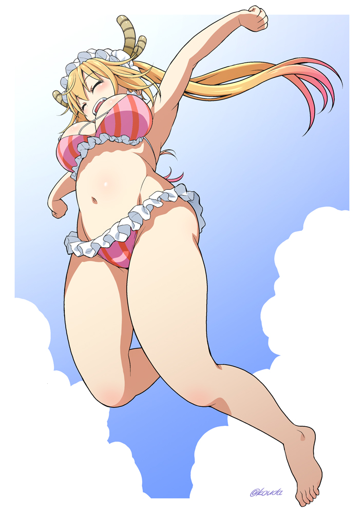 1girl, armpits, barefoot, bikini, blonde_hair, blush, breasts, closed_eyes
