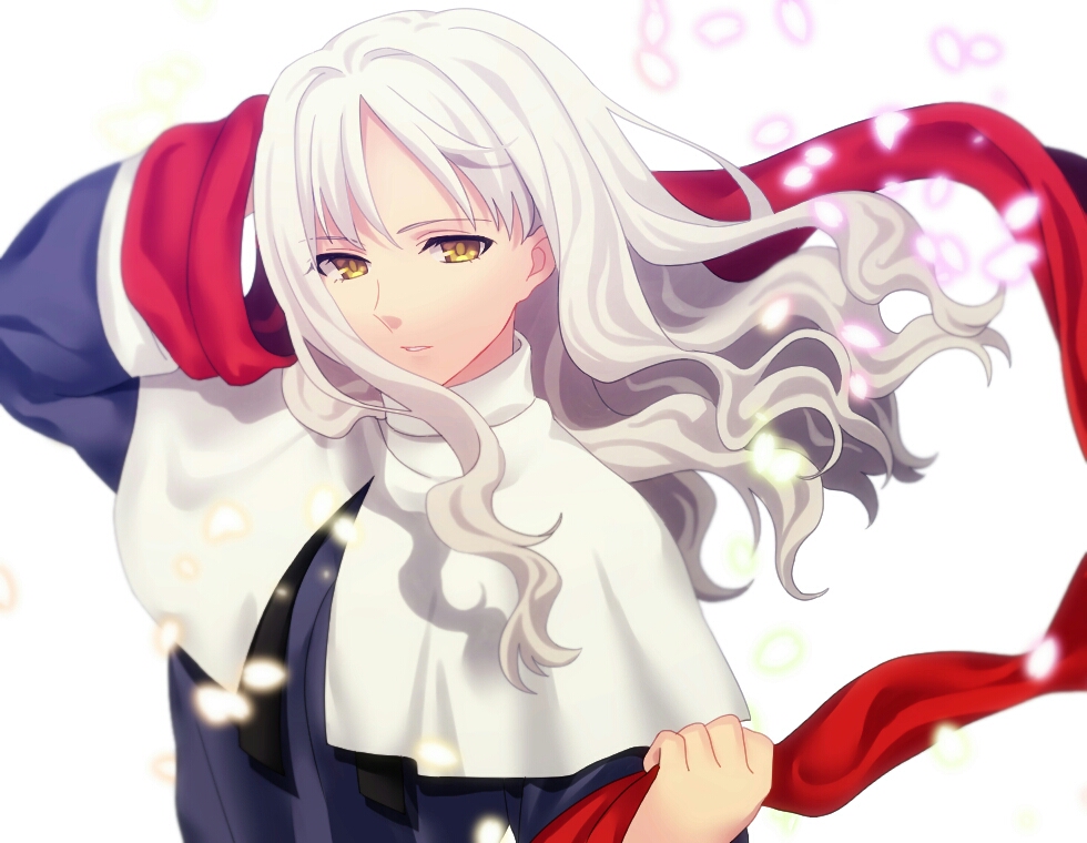 1girl, brown_eyes, capelet, caren_hortensia, fate/hollow_ataraxia, fate_(series), goneeeen, hand_up, long_hair, looking_at_viewer, shroud_of_magdalene, simple_background, solo, upper_body, white_background, white_capelet, white_hair, wide_sleeves