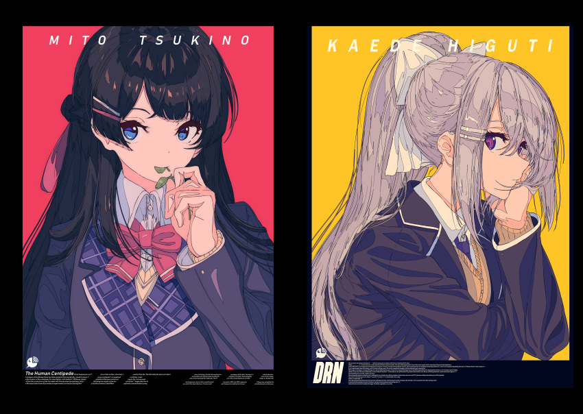 2girls, absurdres, bangs, black_hair, black_jacket, blazer, blue_eyes, bow