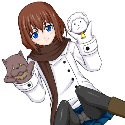 blue_eyes, brown_hair, hand_puppet, hand_puppets, lowres, mubyou, panchira_sit, panties