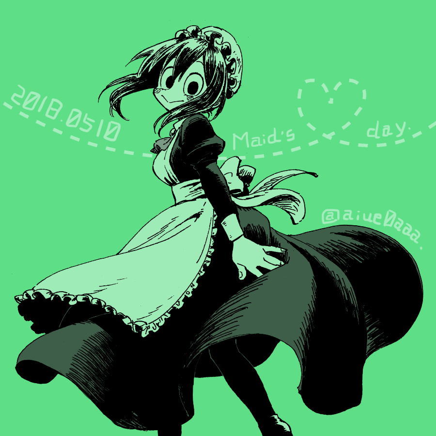 1girl, :>, aiue0, alternate_costume, apron, asui_tsuyu, black_dress, black_eyes