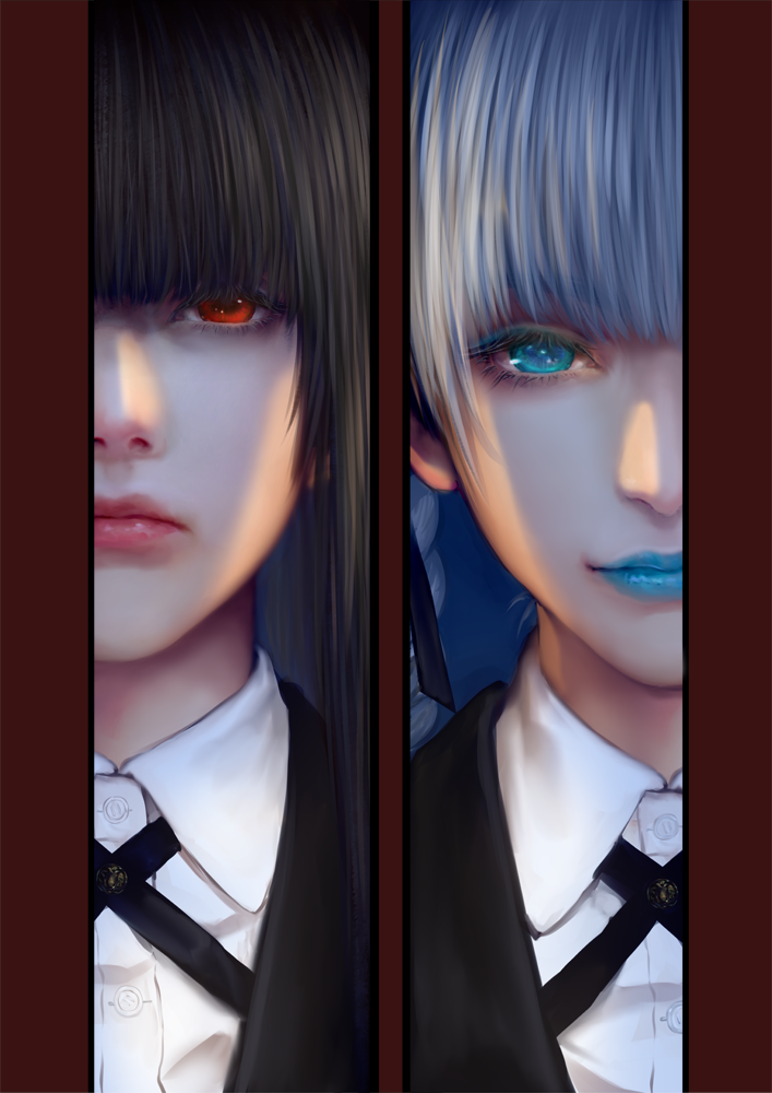 2girls, aqua_eyes, aqua_lips, aqua_lipstick, bangs, black_hair, blunt_bangs, bolo_tie