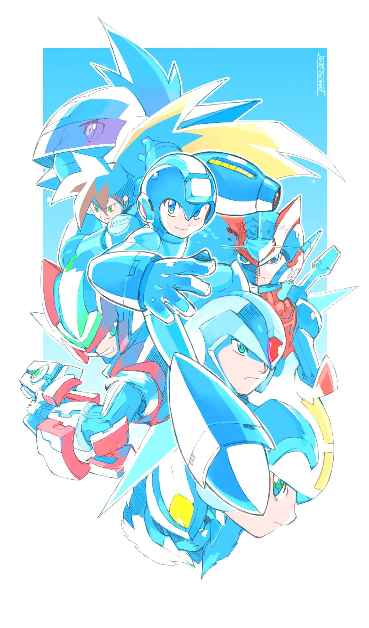 6+boys, android, arm_cannon, bangs, blonde_hair, blue_eyes, border, clenched_teeth