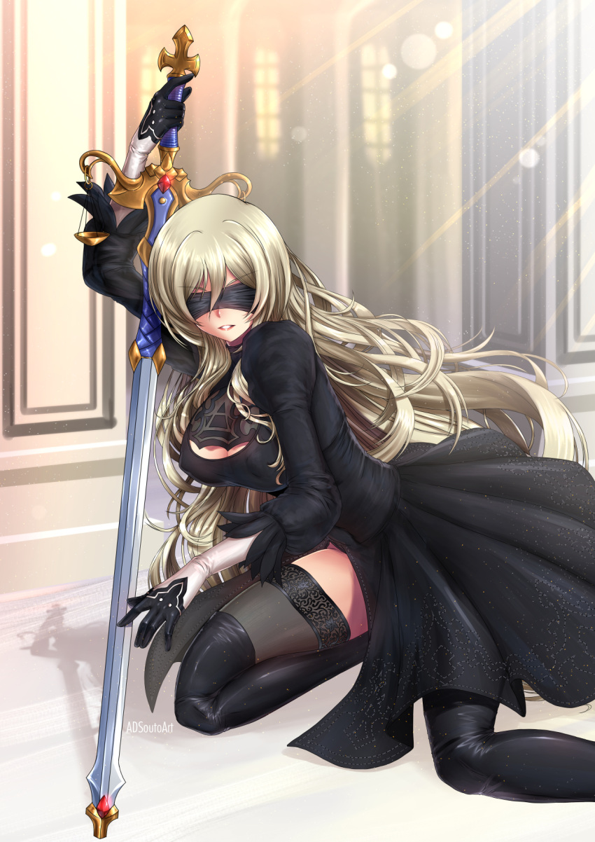 1girl, adsouto, back_cutout, black_blindfold, black_dress, black_hairband, blindfold, blonde_hair