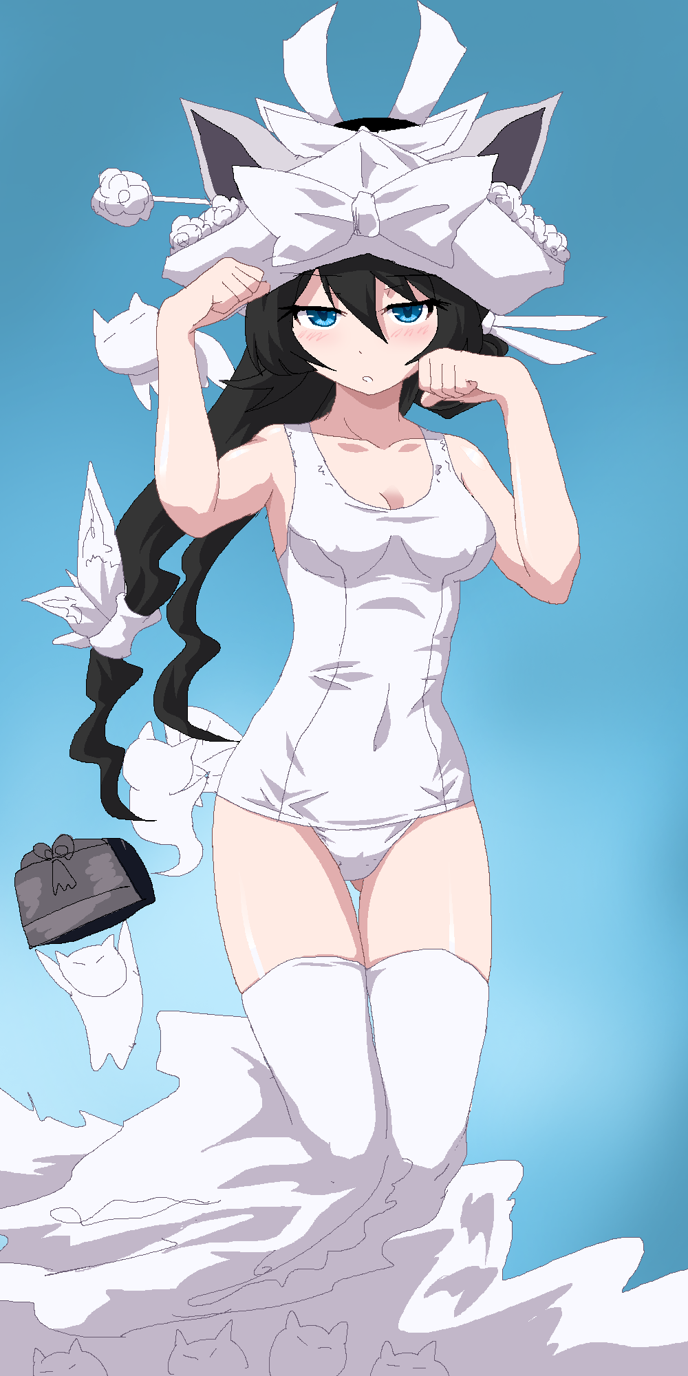 1girl, black_hair, commentary_request, hair_ribbon, hayashiya_zankurou, highres, mitama_(nyanko_daisensou), nyanko_daisensou, one-piece_swimsuit, paw_pose, ribbon, school_swimsuit, spirit, suitcase, swimsuit, thigh-highs, white_legwear, white_school_swimsuit, white_swimsuit