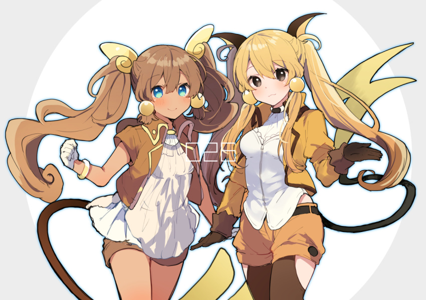 2girls, :3, alolan_and_normal, alolan_raichu, bangs, belt, black_eyes, black_gloves