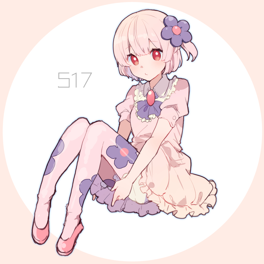 1girl, ascot, bangs, blue_outline, blush, brooch, child, closed_mouth, dress, eyebrows_visible_through_hair, flat_chest, floral_print, flower, full_body, gem, gen_5_pokemon, hair_flower, hair_ornament, ikeuchi_tanuma, jewelry, knees_up, looking_at_viewer, munna, number, outline, pantyhose, personification, pink_dress, pink_hair, pink_legwear, pokemon, pokemon_number, puffy_short_sleeves, puffy_sleeves, purple_flower, purple_neckwear, red_eyes, red_footwear, shiny, shiny_hair, shoes, short_hair, short_sleeves, simple_background, sitting, solo, two-tone_background, white_bloomers