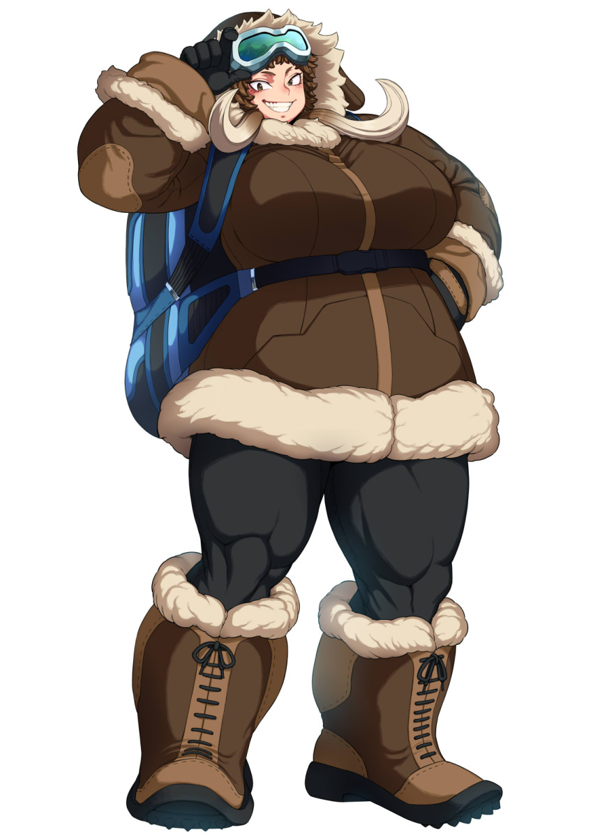 1girl, adjusting_eyewear, black_gloves, black_legwear, blue_backpack, boots, breasts, brown_hair, brown_jacket, chinese_zodiac, commentary_request, full_body, fur_trim, gloves, goggles, goggles_on_head, hand_on_hip, hand_up, highres, hood, jacket, large_breasts, long_sleeves, mamoswine, muscle, personification, plump, pokemon, short_hair, smile, solo, space_jin, standing, teeth, tiny_head, white_background, year_of_the_pig