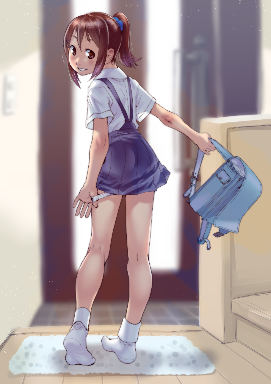 1girl, arm_at_side, arm_up, bangs, blue_backpack, blue_eyes, blue_scrunchie, blue_skirt