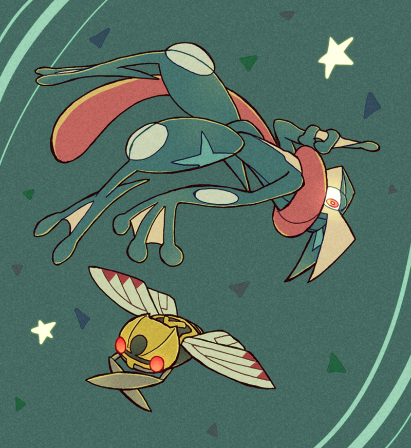 blank_eyes, blue_background, full_body, fury, gen_3_pokemon, gen_6_pokemon, greninja, half-closed_eyes