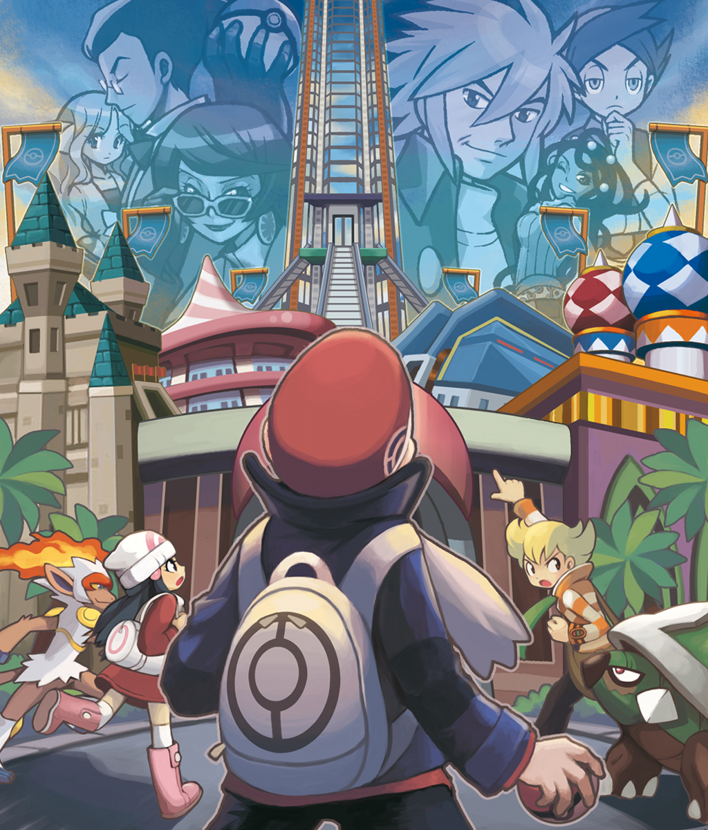 4girls, 5boys, :o, artist_request, backpack, bag, ball, bangs, barrette, battle_tower_(pokemon), beanie, black_hair, blonde_hair, brown_eyes, building, castle, cattleya_(pokemon), coat, dahlia_(pokemon), flag, frontier_brain, gen_4_pokemon, glasses, grin, hat, highres, hikari_(pokemon), holding, holding_ball, holding_poke_ball, infernape, jun_(pokemon), kate_(pokemon), kokuran_(pokemon), kouki_(pokemon), kurotsugu_(pokemon), long_hair, looking_up, multiple_boys, multiple_girls, nejiki_(pokemon), official_art, one_eye_closed, outdoors, pointing, pointing_up, poke_ball, poke_ball_(generic), pokemon, pokemon_(game), pokemon_dppt, pokemon_platinum, red_headwear, smile, spiky_hair, standing, swept_bangs, torterra, walking, white_headwear, winter_clothes