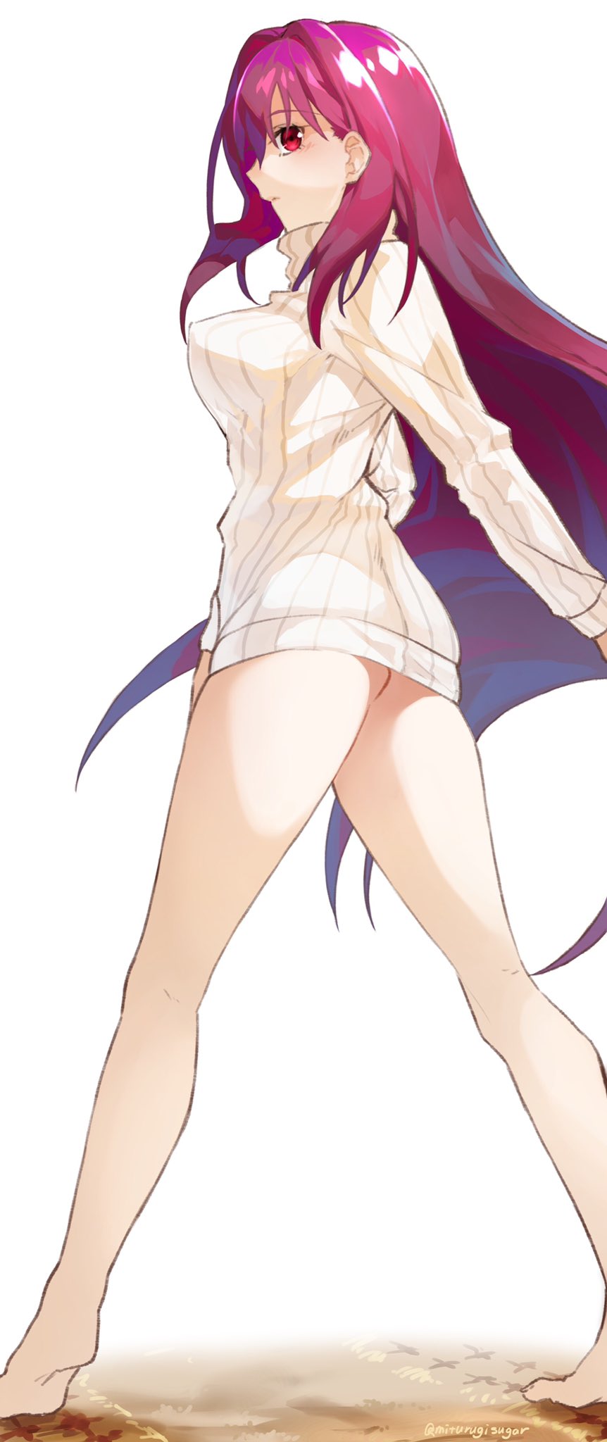 1girl, ass, bangs, bare_legs, barefoot, breasts, carpet, closed_mouth