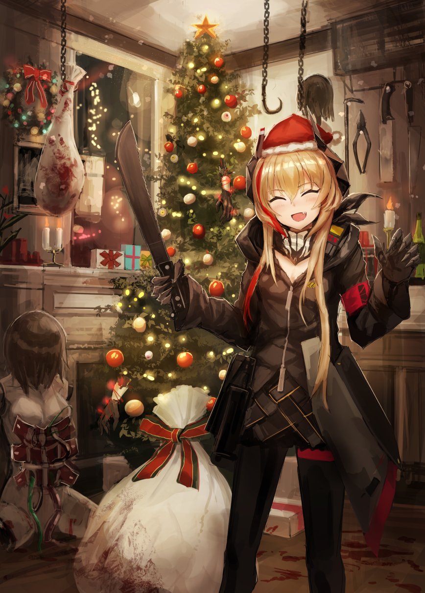 2girls, amputee, android, armless, blood, blood_splatter, christmas, christmas_tree