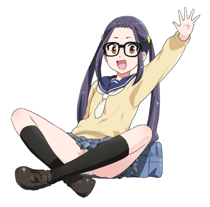 1girl, :d, arm_up, bag, black-framed_eyewear, black_legwear, brown_eyes, brown_footwear