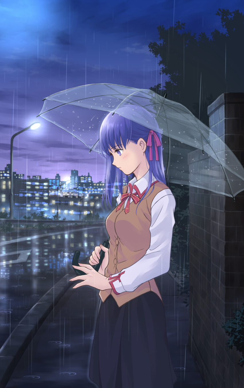 1girl, akizuki565602, black_skirt, brown_vest, fate/stay_night, fate_(series), from_side, hair_ribbon