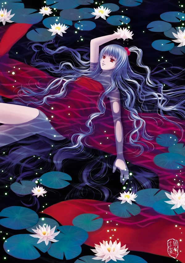 arm_up, bad_id, blue_hair, flower, kannagara_kanagi, lily_(flower), lily_pad, long_hair