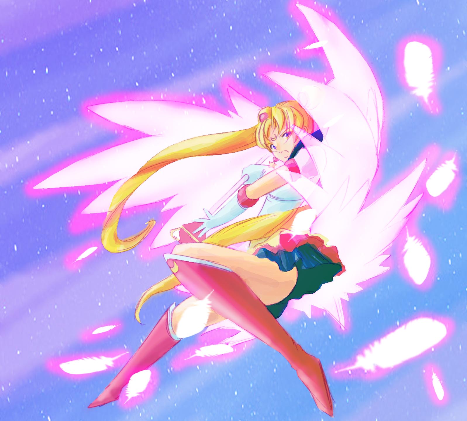 1girl, bishoujo_senshi_sailor_moon, blonde_hair, blue_eyes, blue_sailor_collar, blue_skirt, boots, earrings