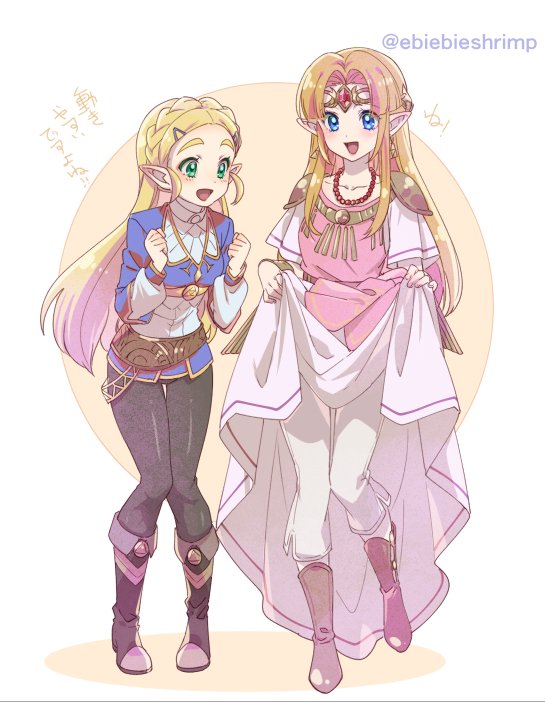 2girls, belt, black_legwear, blonde_hair, blue_eyes, blue_shirt, blush, boots, bracelet, braid, breasts, brown_footwear, clenched_hands, commentary, dress, dress_lift, dual_persona, earrings, full_body, green_eyes, hair_ornament, hairclip, jewelry, long_hair, long_sleeves, looking_at_another, multiple_girls, necklace, open_mouth, pants, pants_under_shorts, pearl_necklace, pink_dress, pointy_ears, princess_zelda, princess_zelda_(botw), shirt, short_sleeves, shoulder_armor, shuri_(84k), sidelocks, small_breasts, smile, standing, straight_hair, super_smash_bros., the_legend_of_zelda, the_legend_of_zelda:_a_link_between_worlds, the_legend_of_zelda:_breath_of_the_wild, thick_eyebrows, tiara, translation_request, triforce, twitter_username