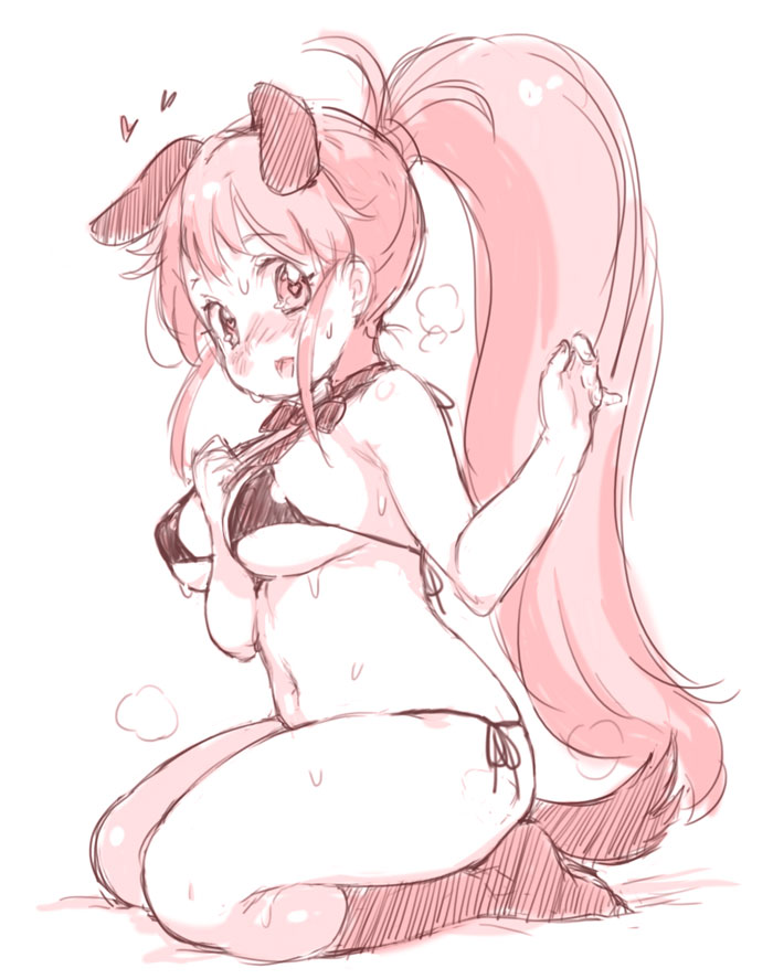 1girl, :d, animal_ears, arm_between_breasts, bangs, bikini, blush, breasts