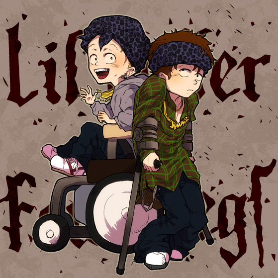 2boys, alternate_costume, bandana, brown_hair, crutch, headband, jewelry, jimmy_valmer