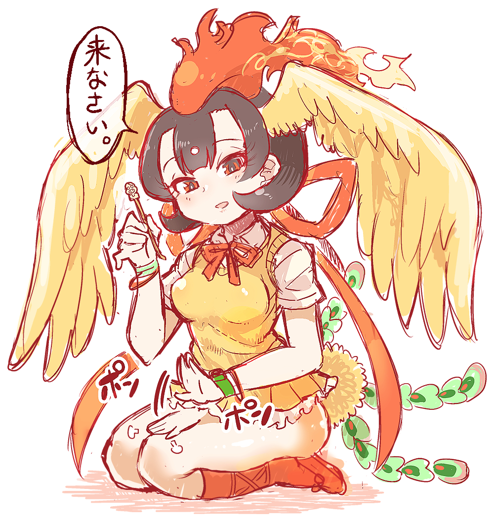 1girl, afterimage, bare_arms, bird_tail, black_hair, commentary_request, full_body, hand_up