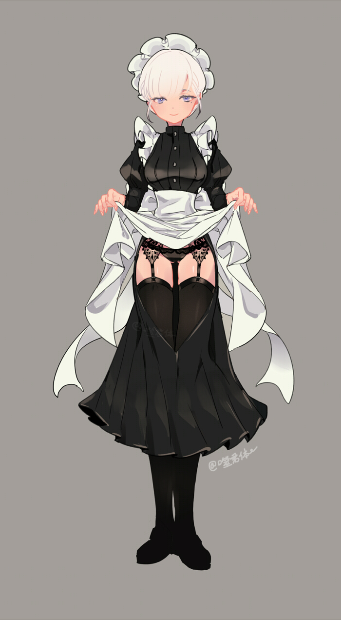 1girl, apron, apron_lift, bangs, black_dress, black_footwear, black_legwear, black_panties