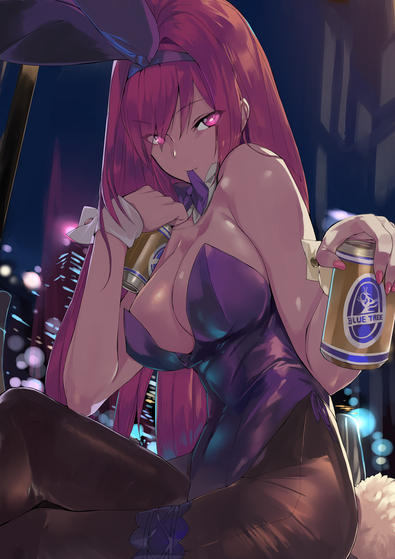 1girl, animal_ears, beer_can, black_legwear, bow, bowtie, breasts, building