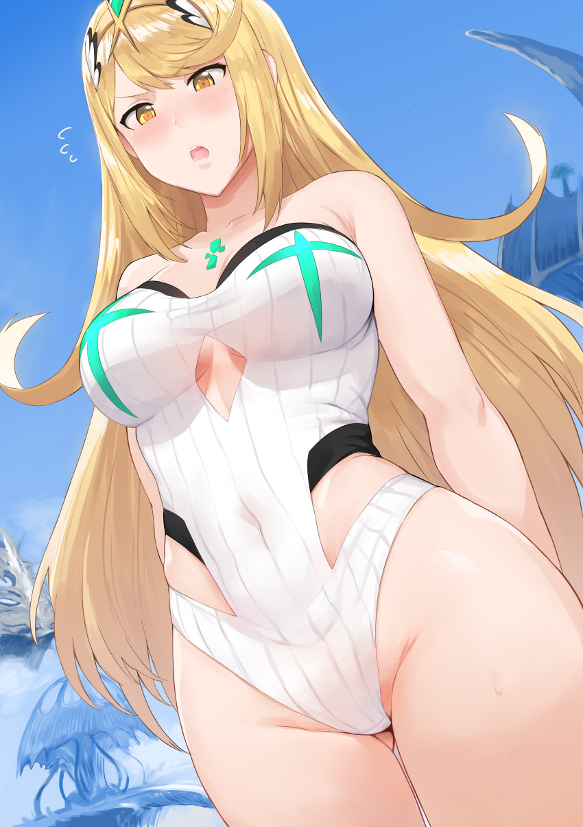 1girl, absurdres, bangs, bare_shoulders, blonde_hair, blush, breasts, casual_one-piece_swimsuit