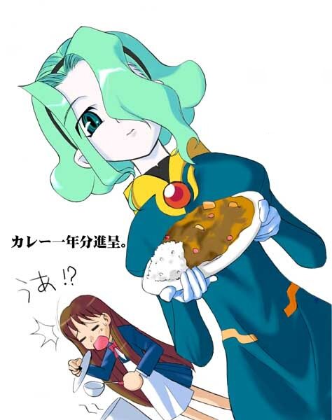 apron, bow, brown_hair, curry, d, dual!_parallel_trouble_adventure, food, green_eyes