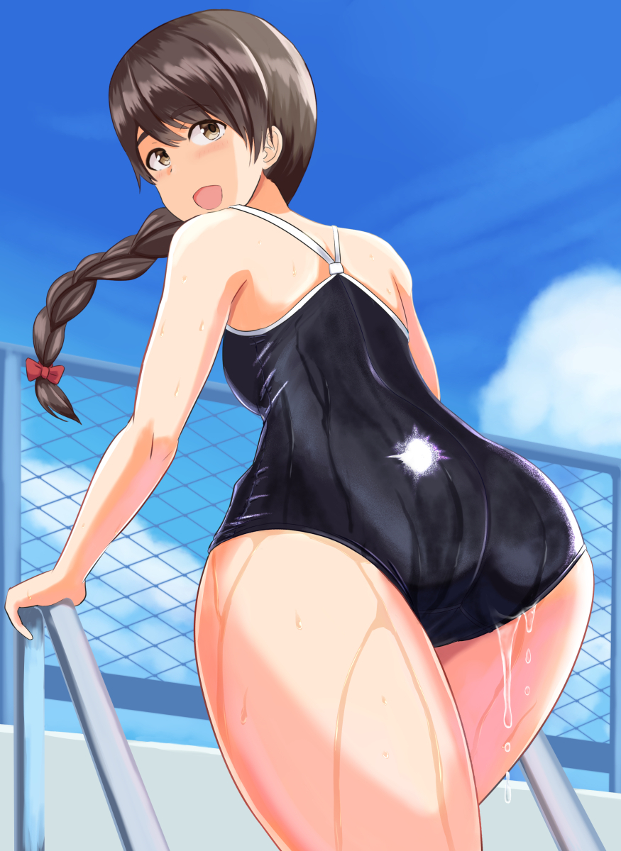 1girl, ass, back, blue_sky, braid, breasts, brown_eyes, brown_hair