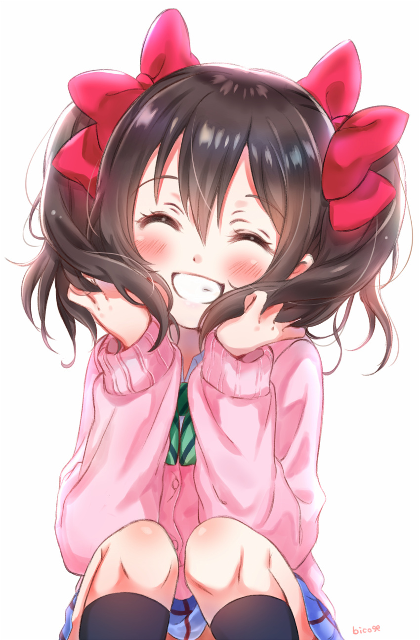 1girl, ^_^, artist_name, bangs, bico_(bicoris), black_hair, blue_skirt, blush, bow, bowtie, closed_eyes, commentary_request, green_neckwear, grin, hair_bow, hands_in_hair, highres, knees_up, long_sleeves, love_live!, love_live!_school_idol_project, otonokizaka_school_uniform, pink_cardigan, red_bow, school_uniform, skirt, smile, solo, striped, striped_neckwear, twintails, yazawa_nico